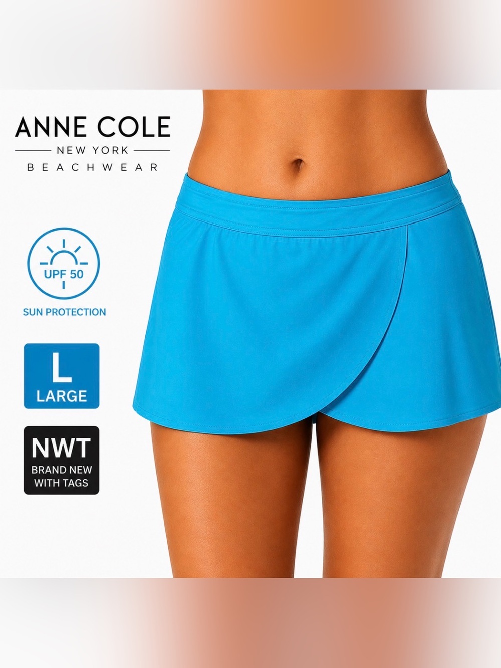 Anne Cole Womens L Swim Skirt Bikini Bottom Turquoise Aqua UPF 50 Beachwear NWT